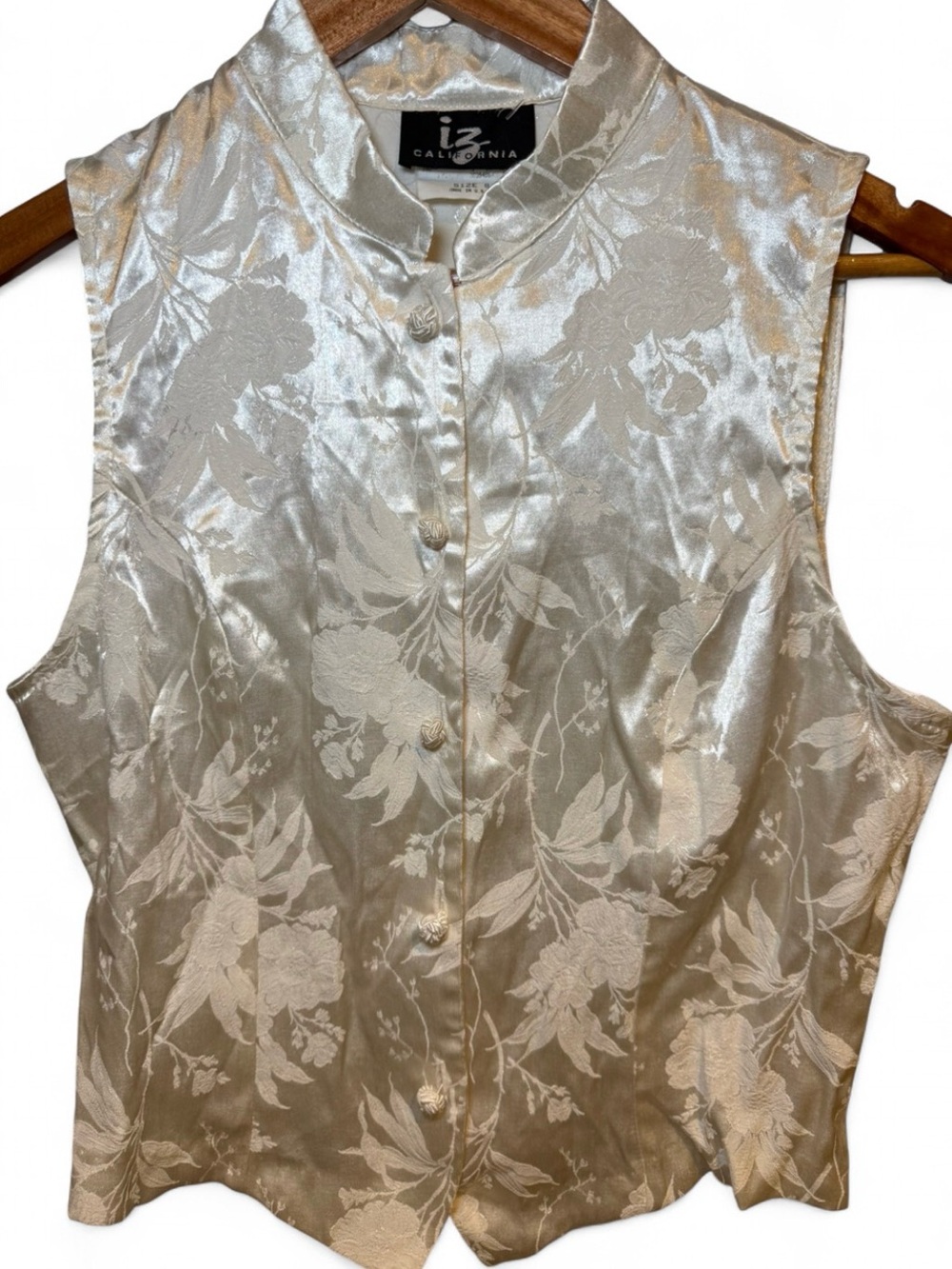 VTG IZ California Ivory Satin Floral Blouse Embroidered Brocade Jacquard Vest 9